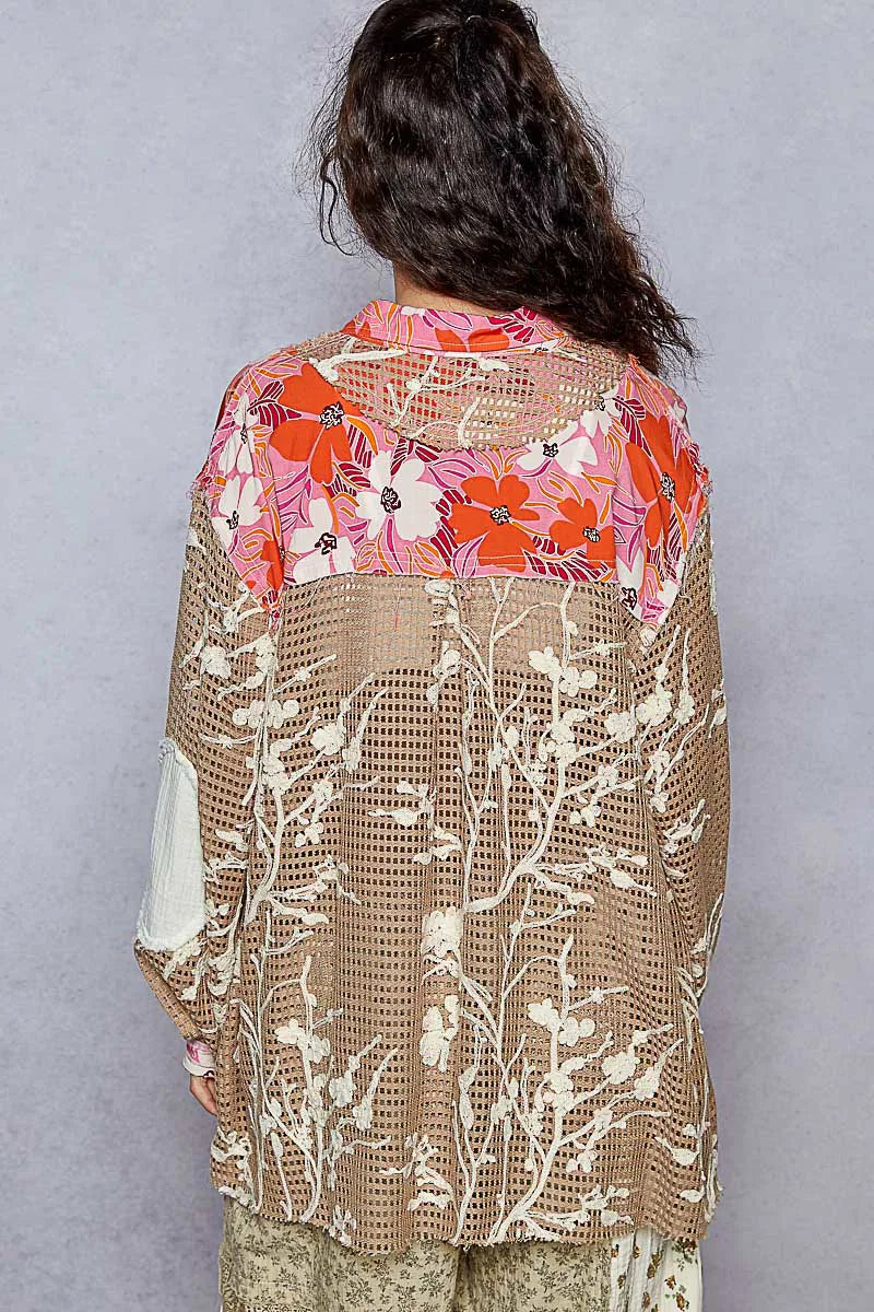 POL Floral Print Crochet Button Up Shirt