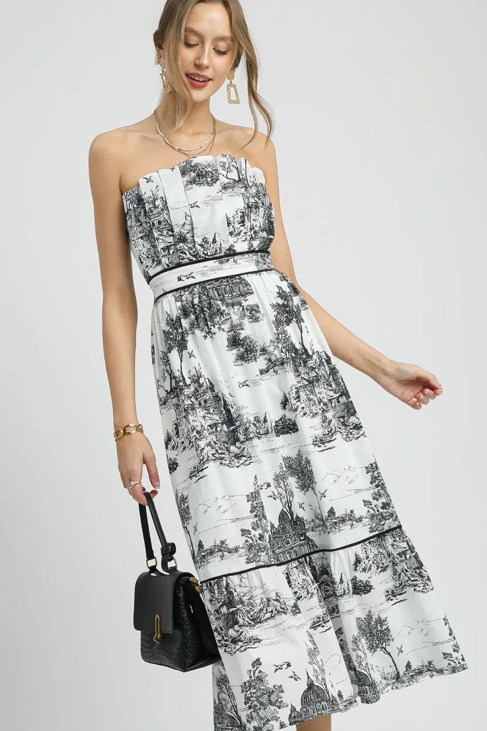 Out On The Town Printed Tiered Tube Midi Dress