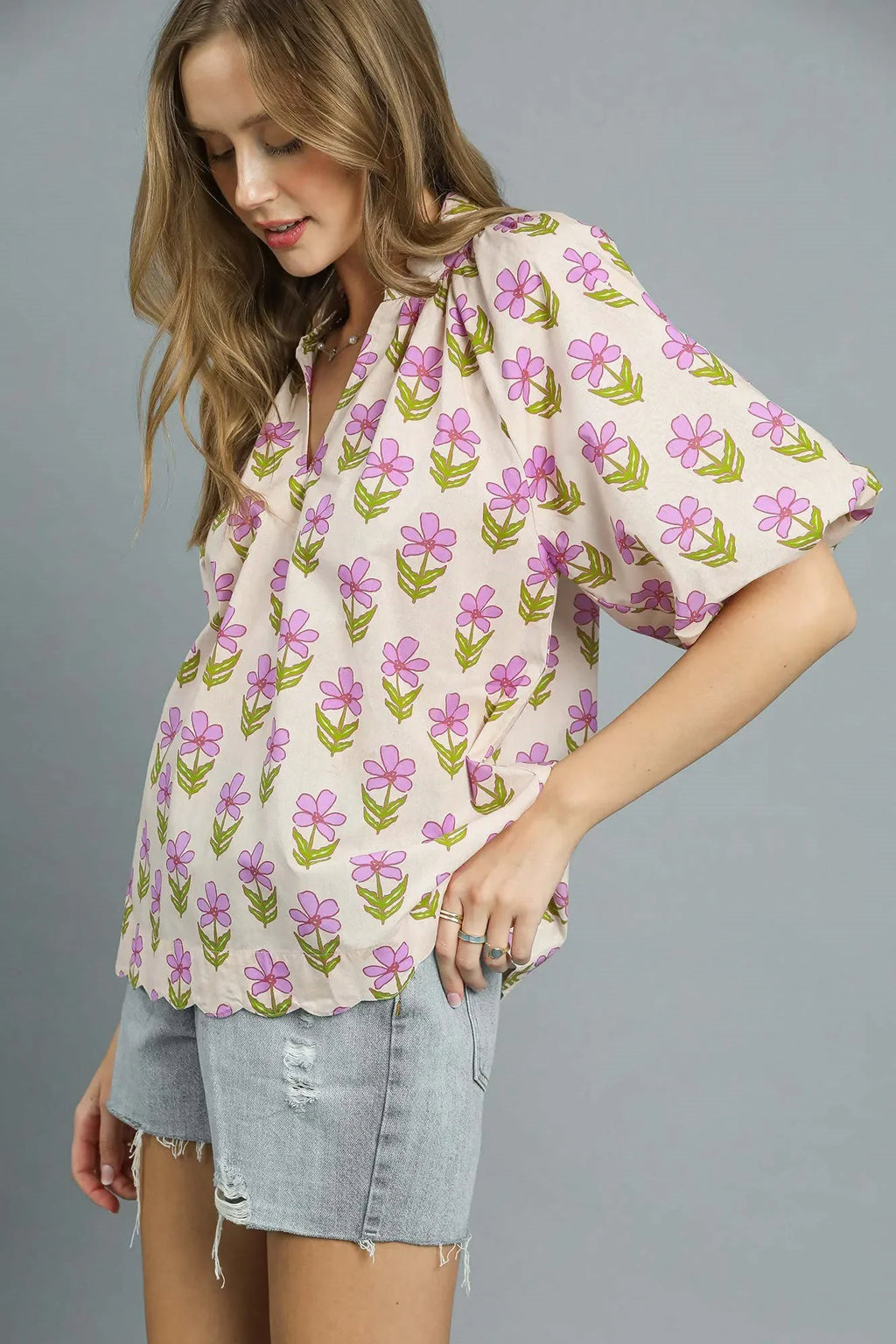 Lilac Blooms Puff Sleeve 100 Cotton Blouse