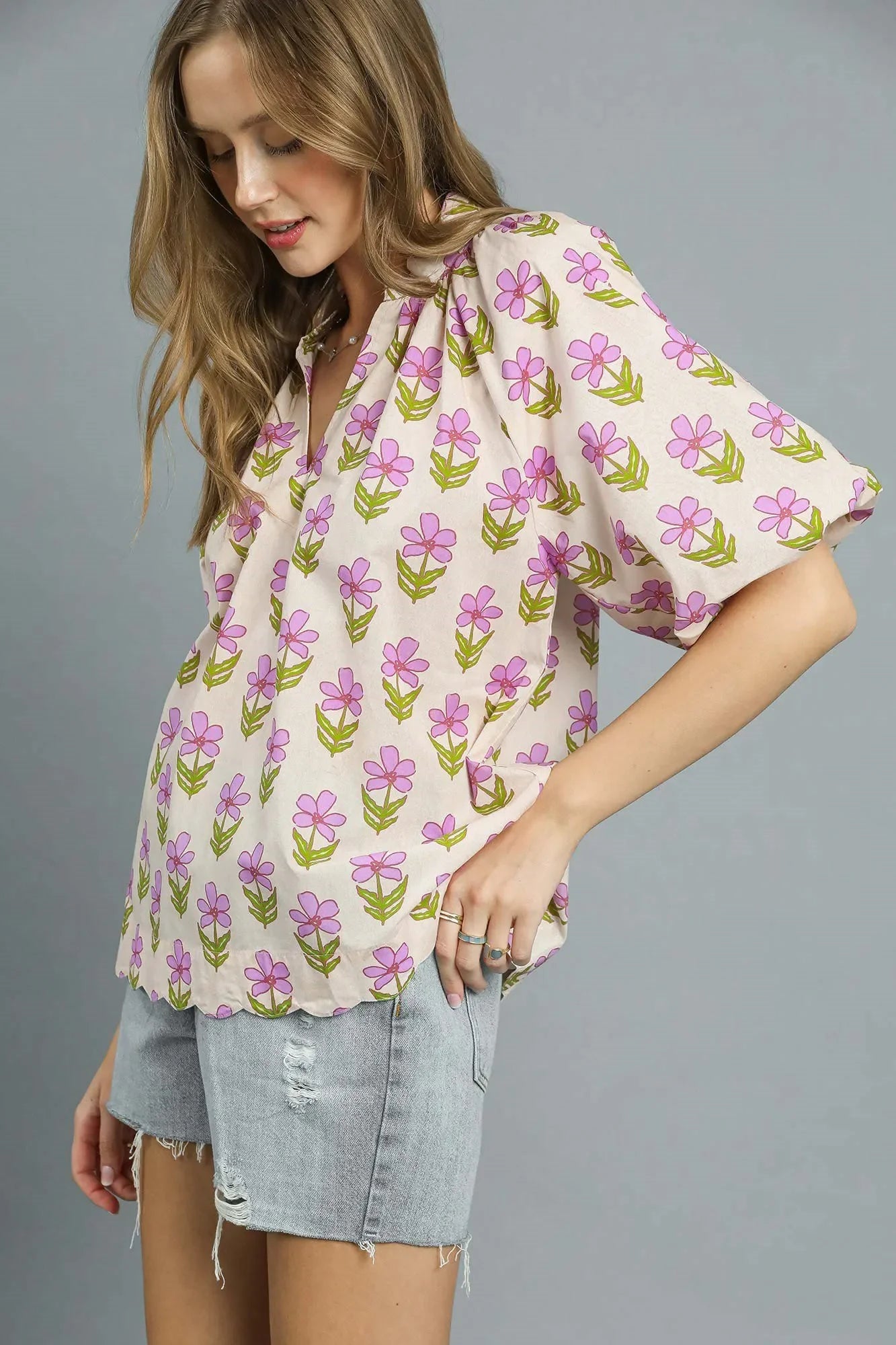 Lilac Blooms Puff Sleeve 100 Cotton Blouse