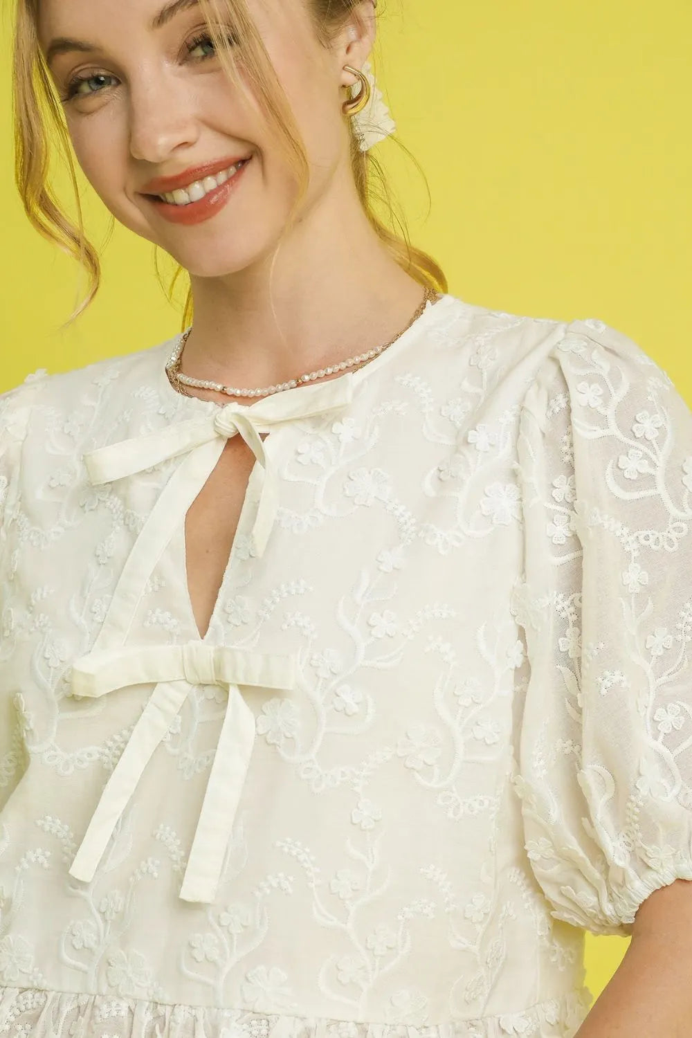 Dainty & Darling Embroidered Bow Peplum Blouse