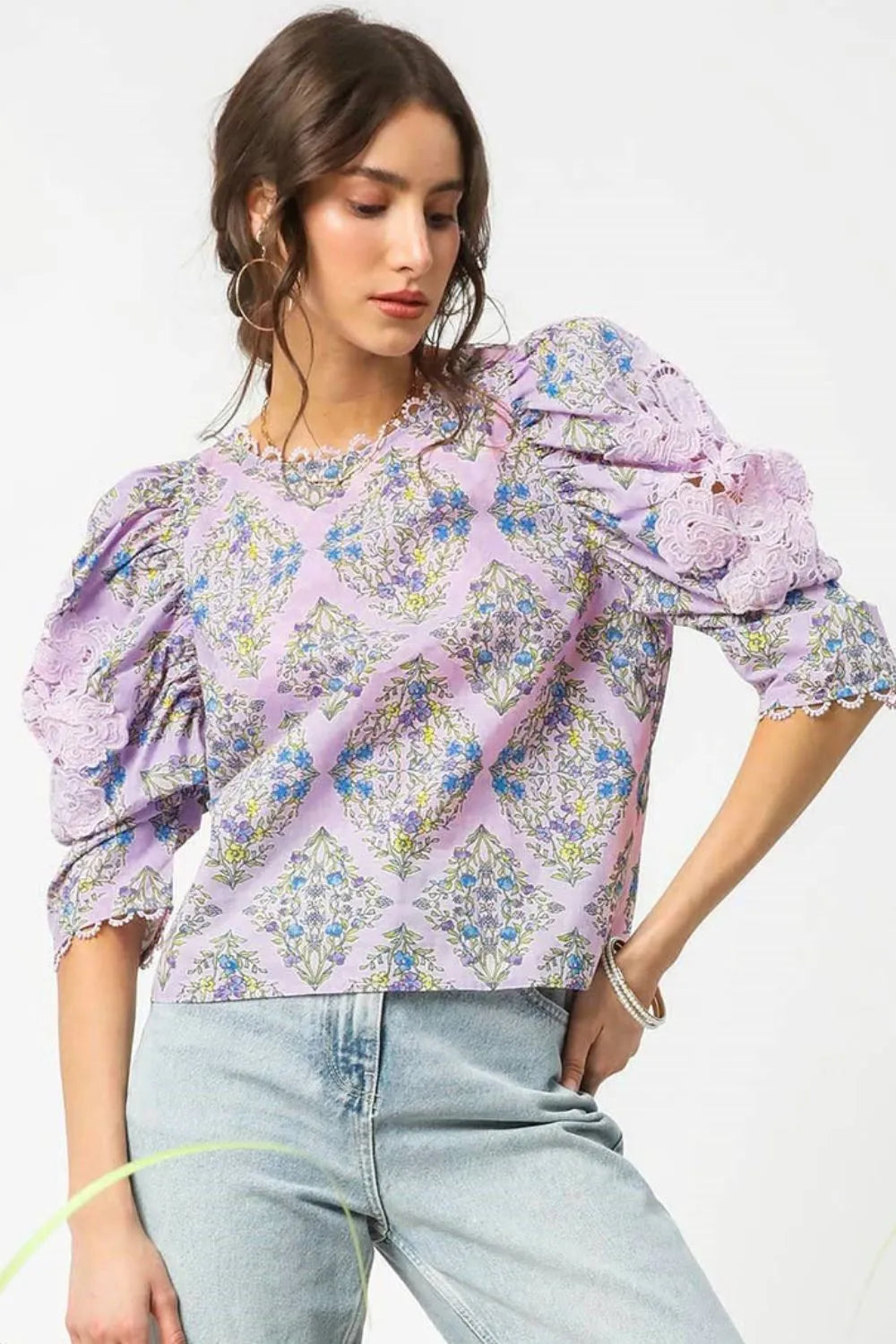 Amethyst Lace Diamond Floral Puff Sleeve Blouse