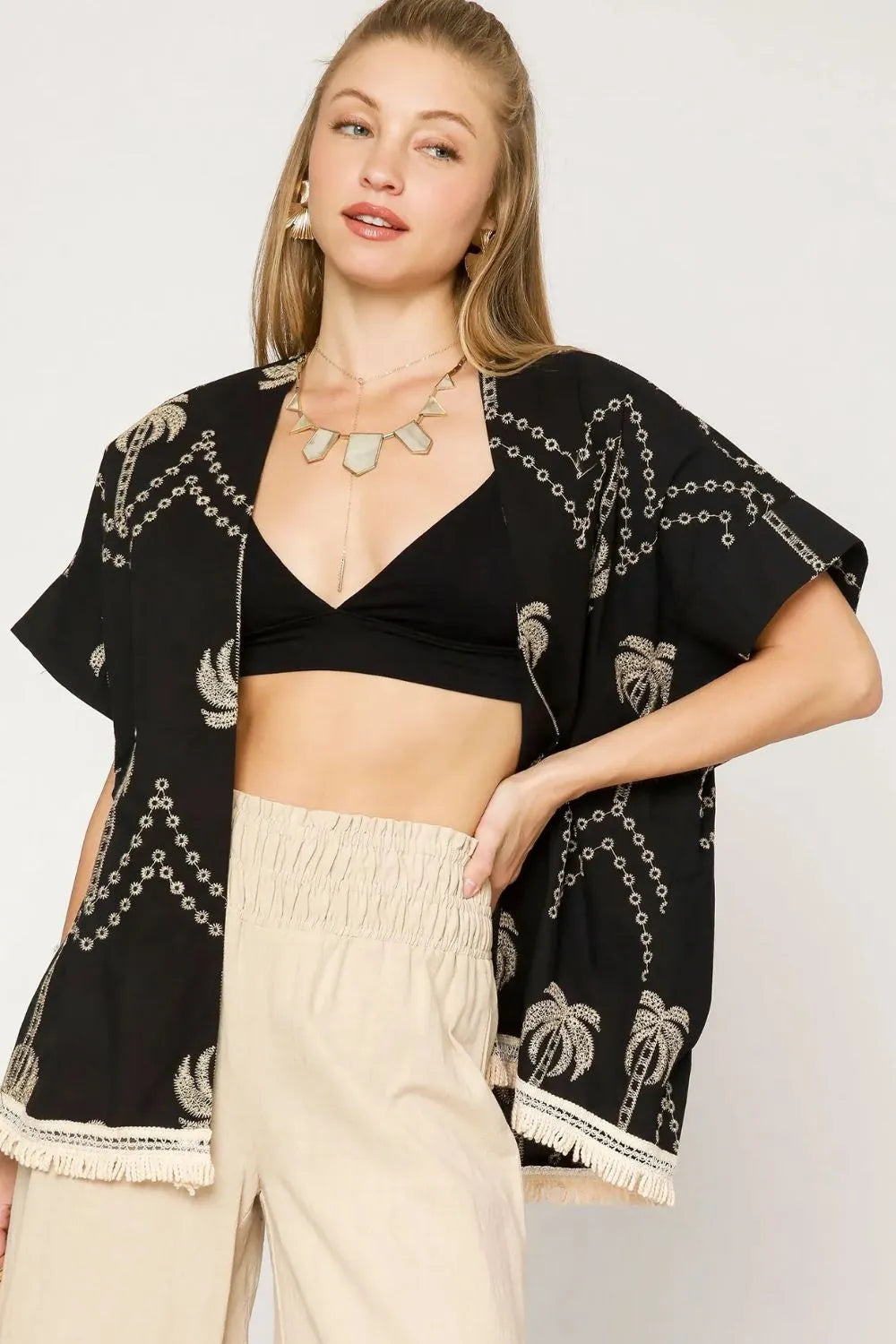 Fleeting Moment Open Front Embroidered Fringe Kimono