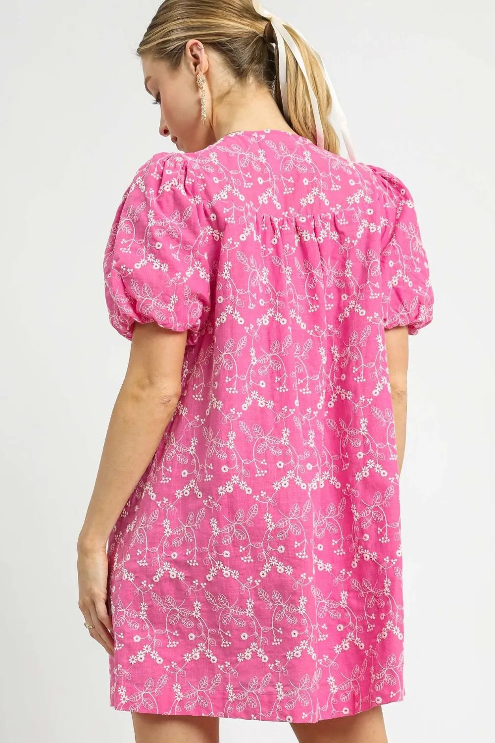 Umgee Pink Skys Floral Puff Sleeve V-Neck Embroidery Mini Dress
