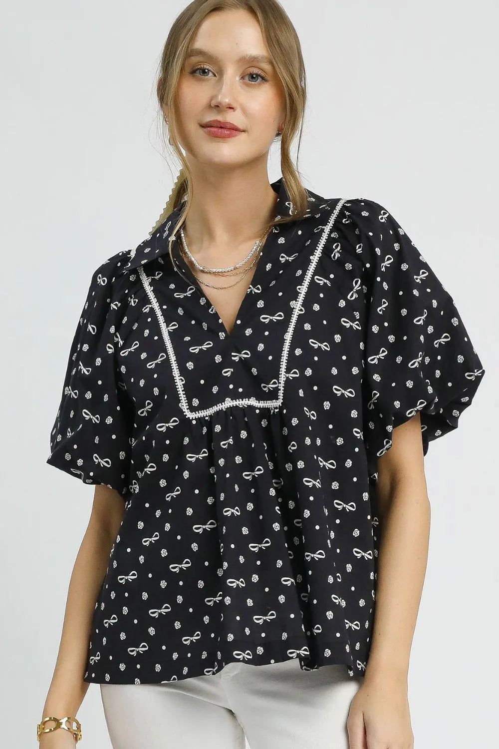 Wrapped In A Bow Print Puff Sleeve 100 Cotton Blouse