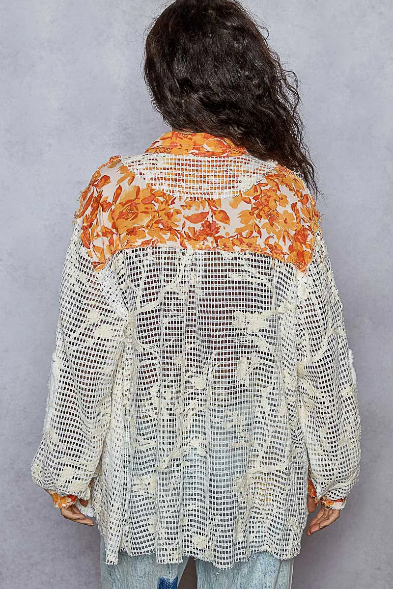 POL Floral Print Cotton Crochet Button Up Cotton Shirt