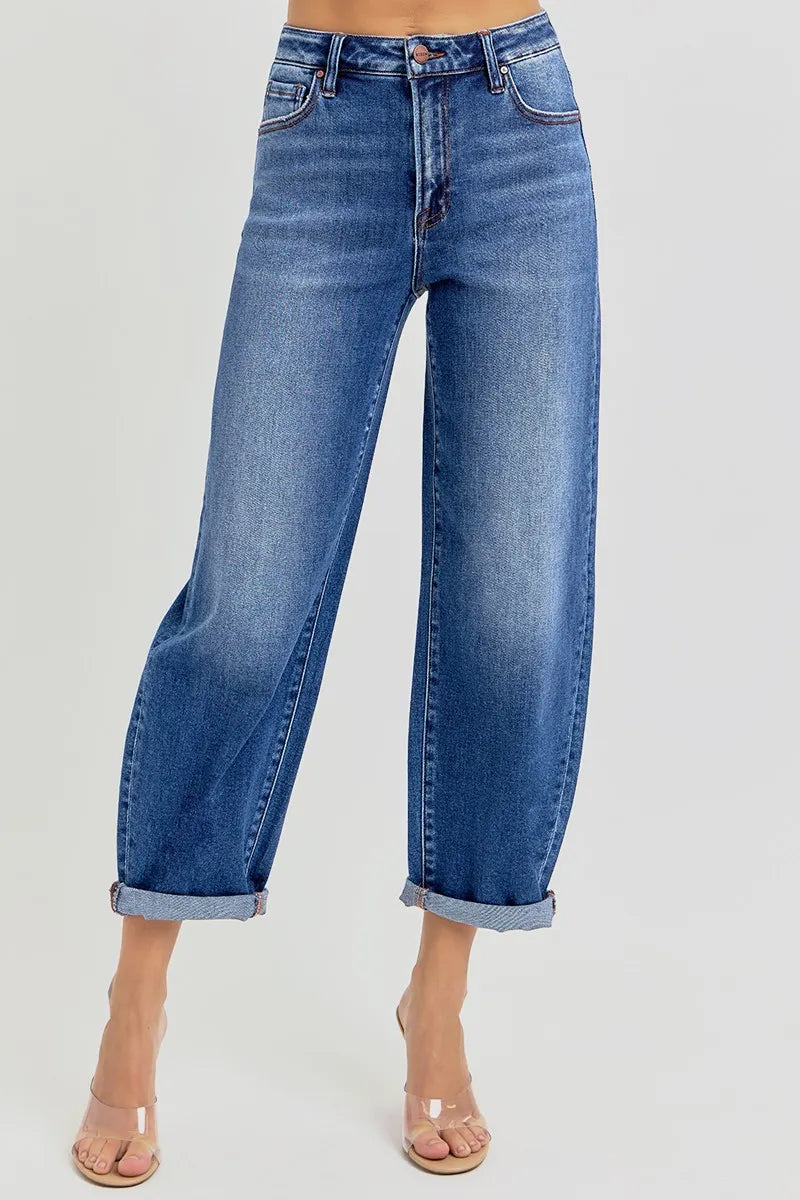RISEN Full Size High Rise Crop Mild Barrel Jeans Plus Size