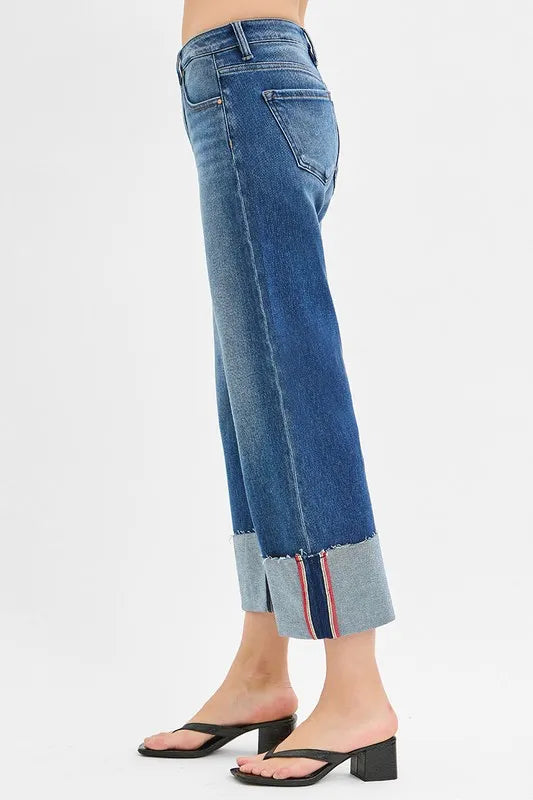 RISEN Full Size Tummy Control Mid Rise Crop Wide Cuffed Jeans Plus Size