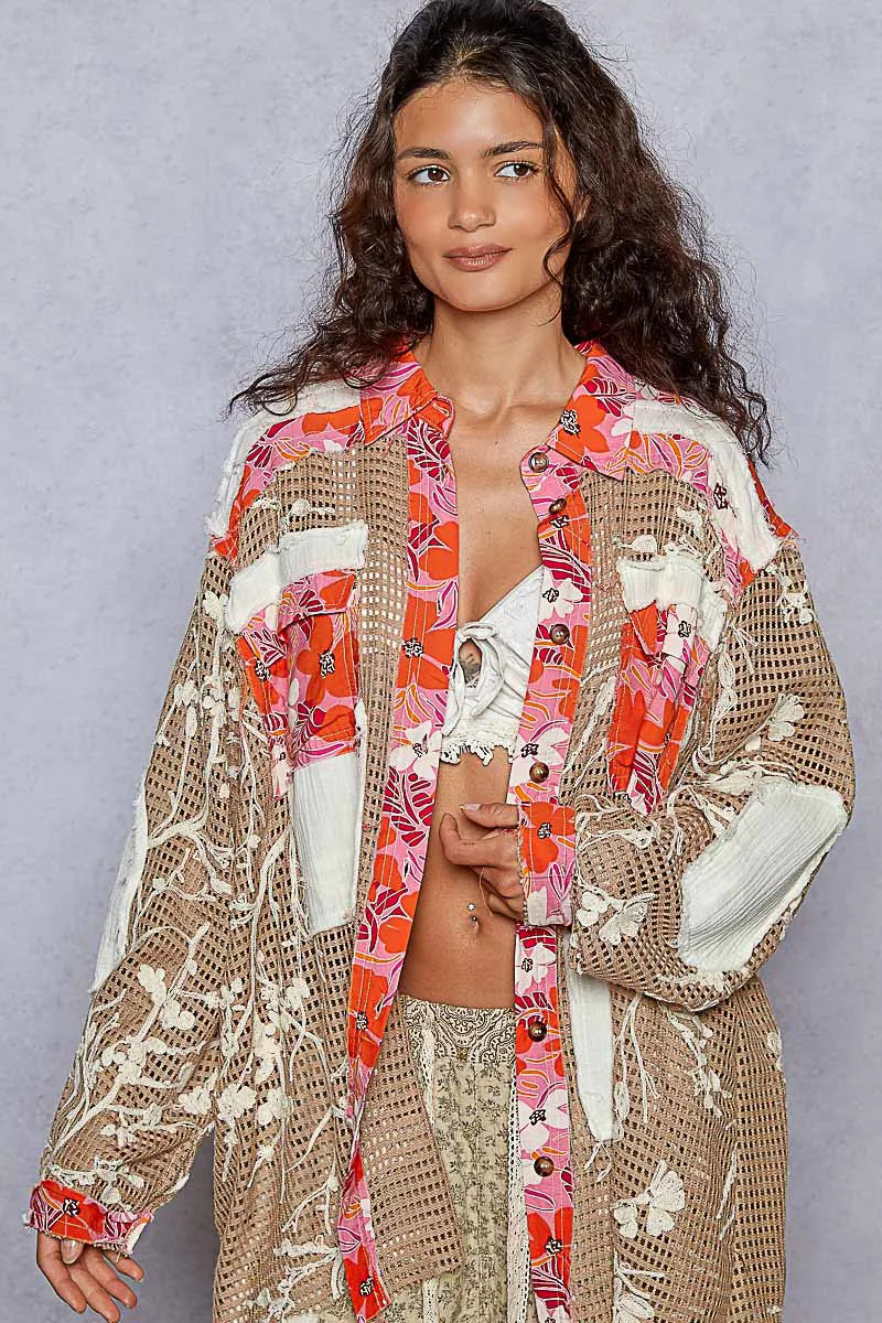 POL Floral Print Crochet Button Up Shirt