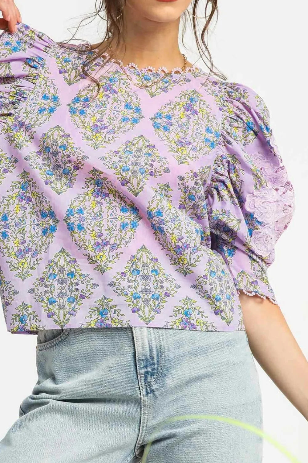 Amethyst Lace Diamond Floral Puff Sleeve Blouse
