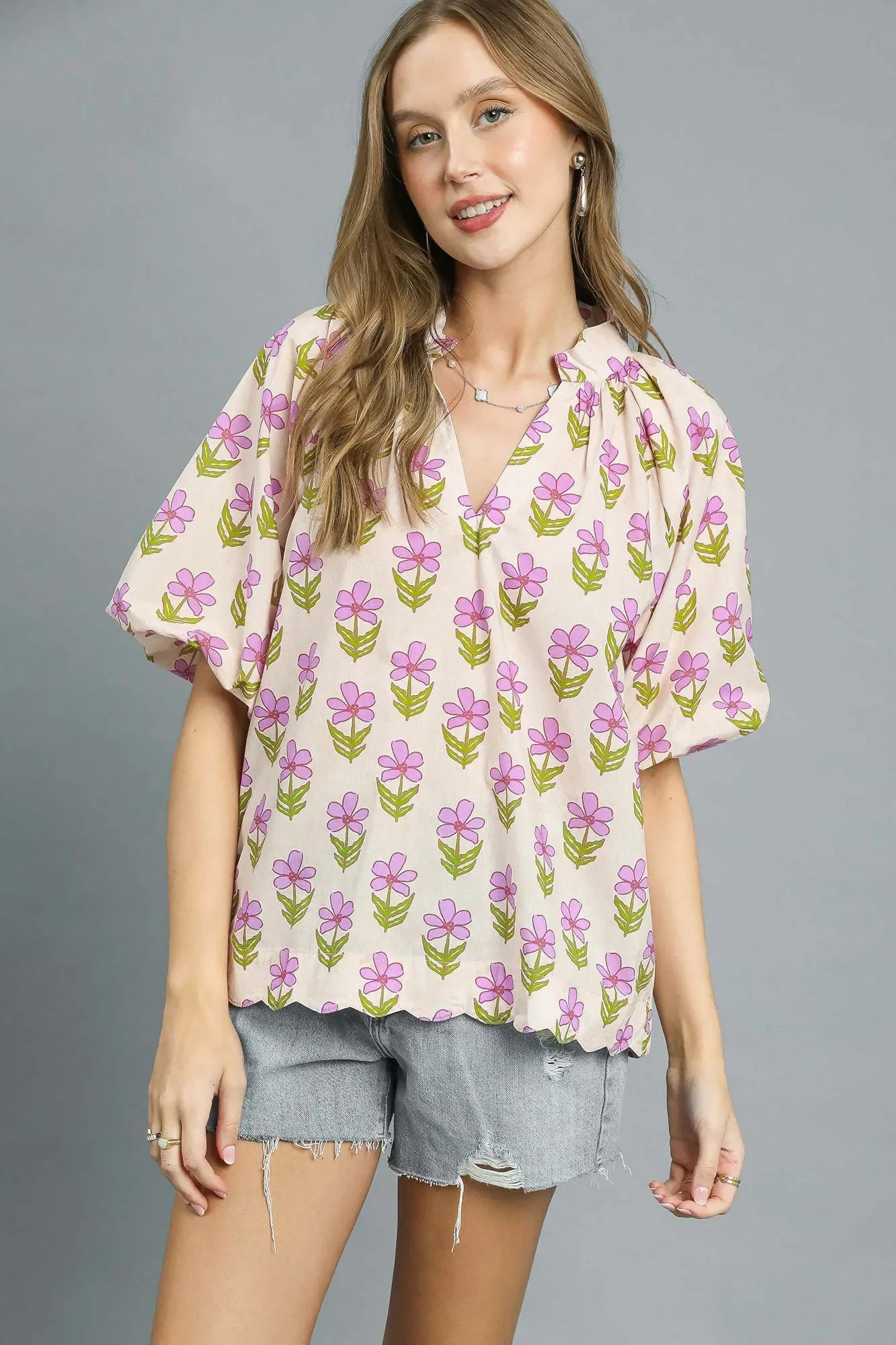 Lilac Blooms Puff Sleeve 100 Cotton Blouse