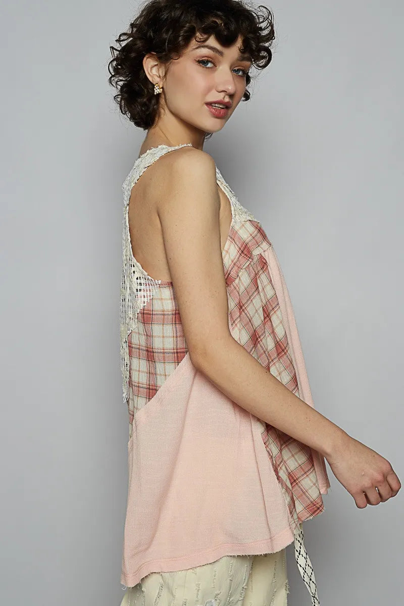 POL Crochet Lace Plaid Panel Detail Tank