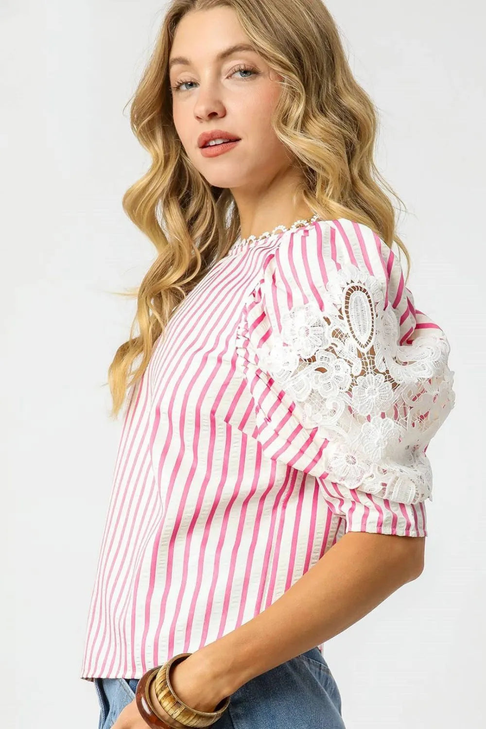 Candy Clouds Striped Lace Puff Sleeve Blouse