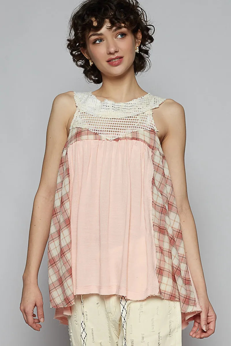 POL Crochet Lace Plaid Panel Detail Tank