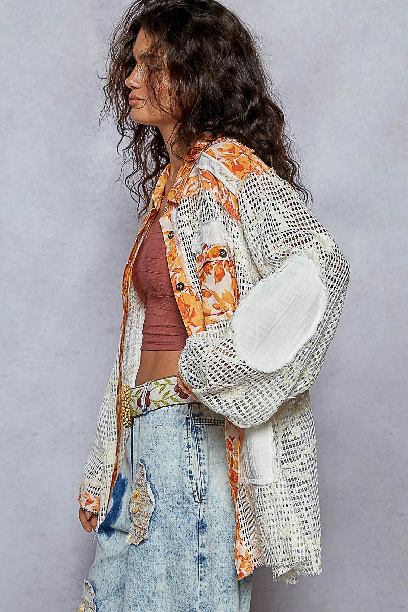 POL Floral Print Cotton Crochet Button Up Cotton Shirt