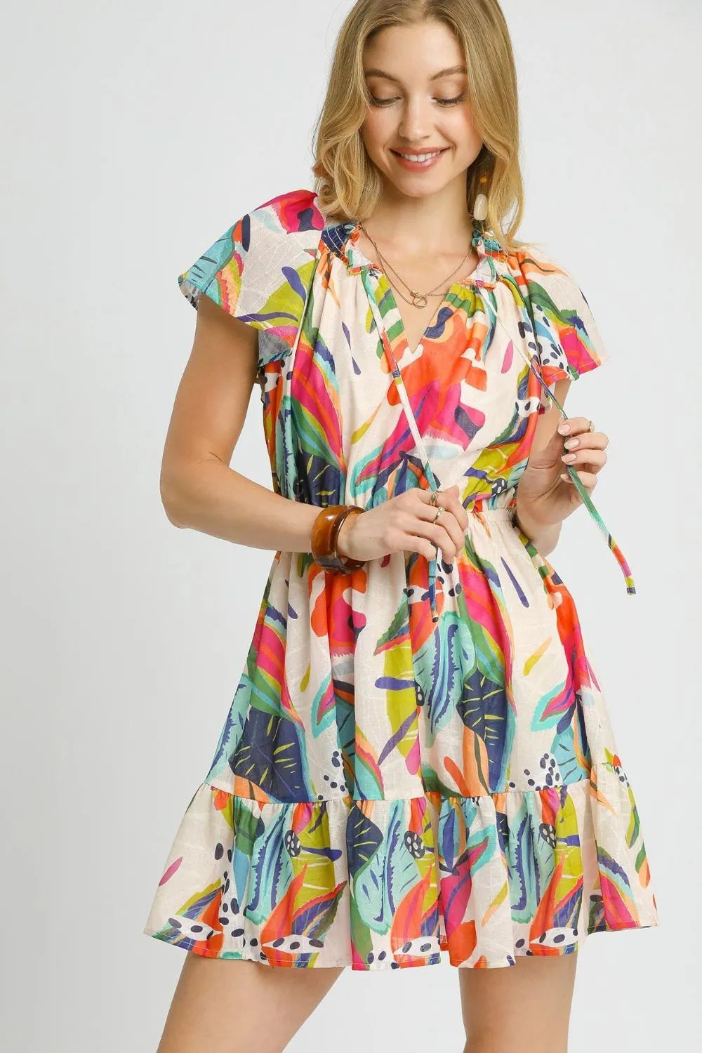 Thistle & Thread Printed Tie Neck Ruffled Hem Dress