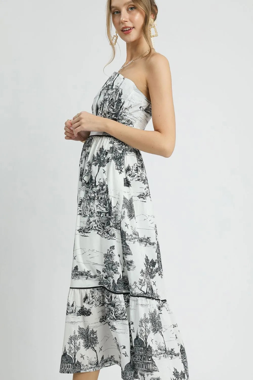 Out On The Town Printed Tiered Tube Midi Dress