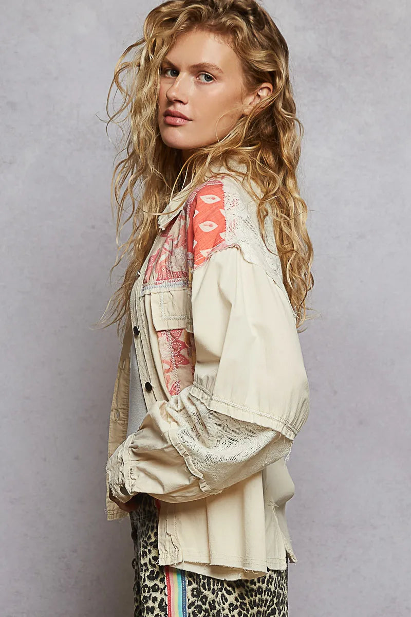 POL Printed Cotton Woven Mix Raw Hem Jacket with Lace Detail