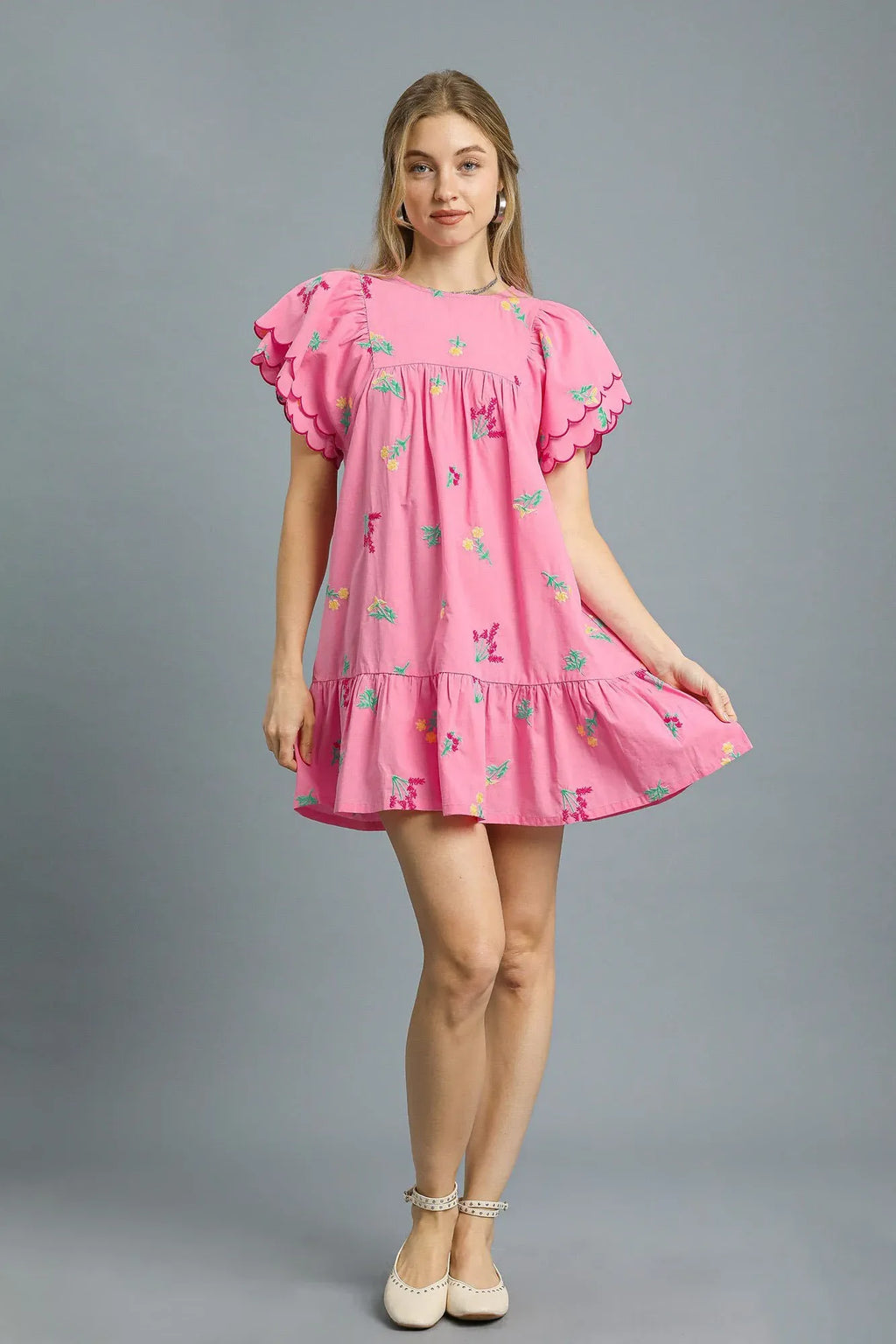 Pink Peony Mixed Floral Embroidered Cotton Mini Dress