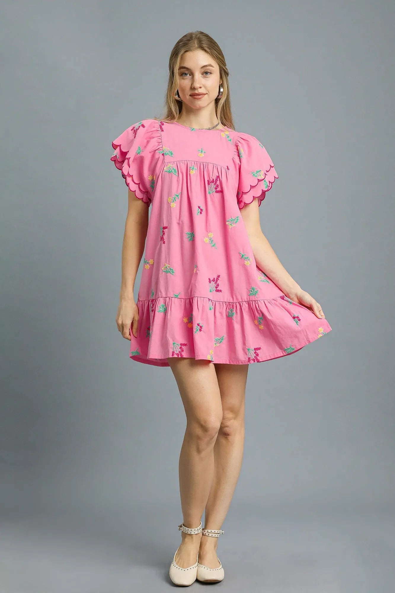 Pink Peony Mixed Floral Embroidered Cotton Mini Dress