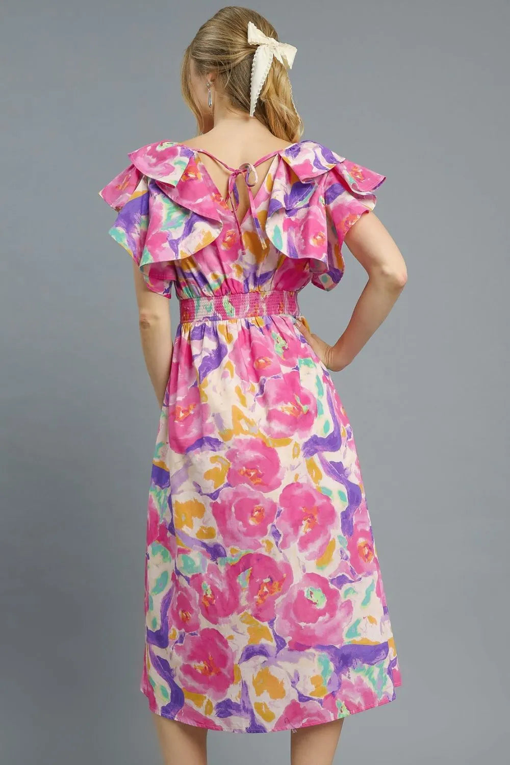 Pink Poppy Watercolor Floral Ruffled Midi Dress