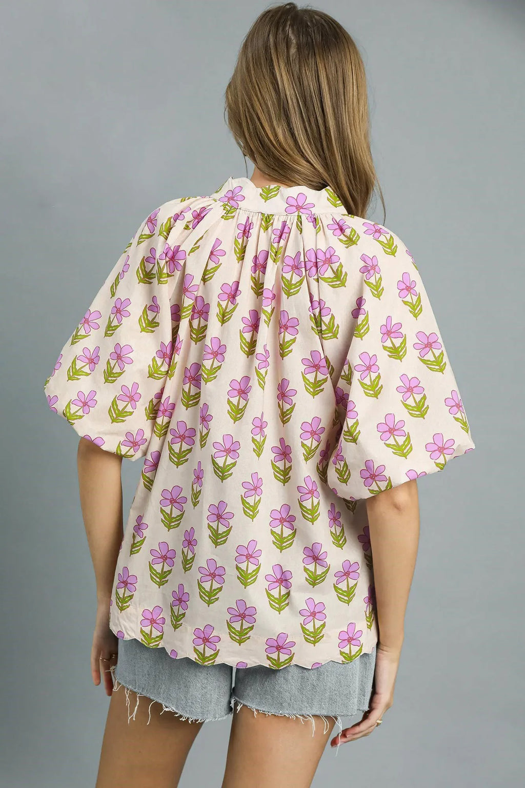 Lilac Blooms Puff Sleeve 100 Cotton Blouse