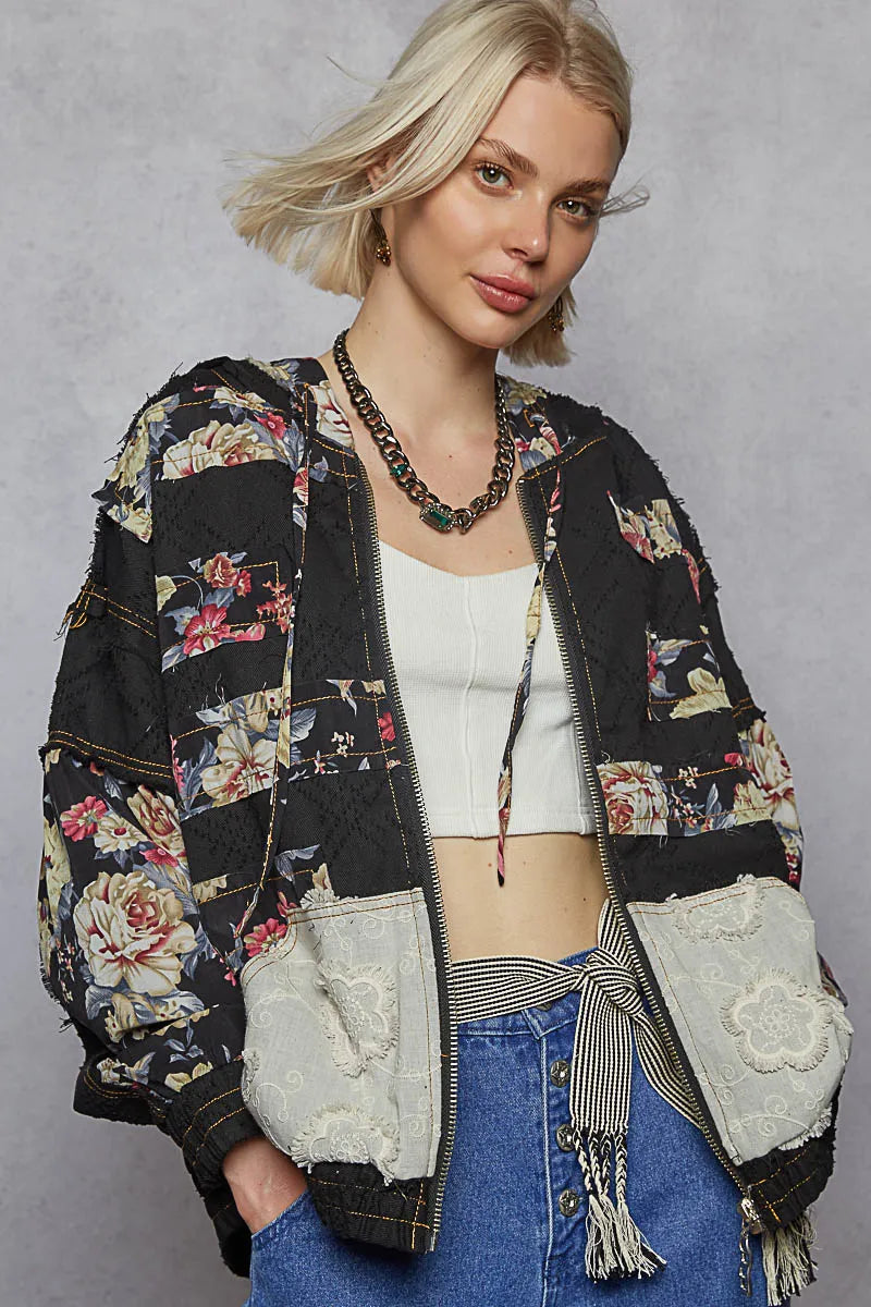 POL Zip Up Floral and Lace Patch Washed Jacket
