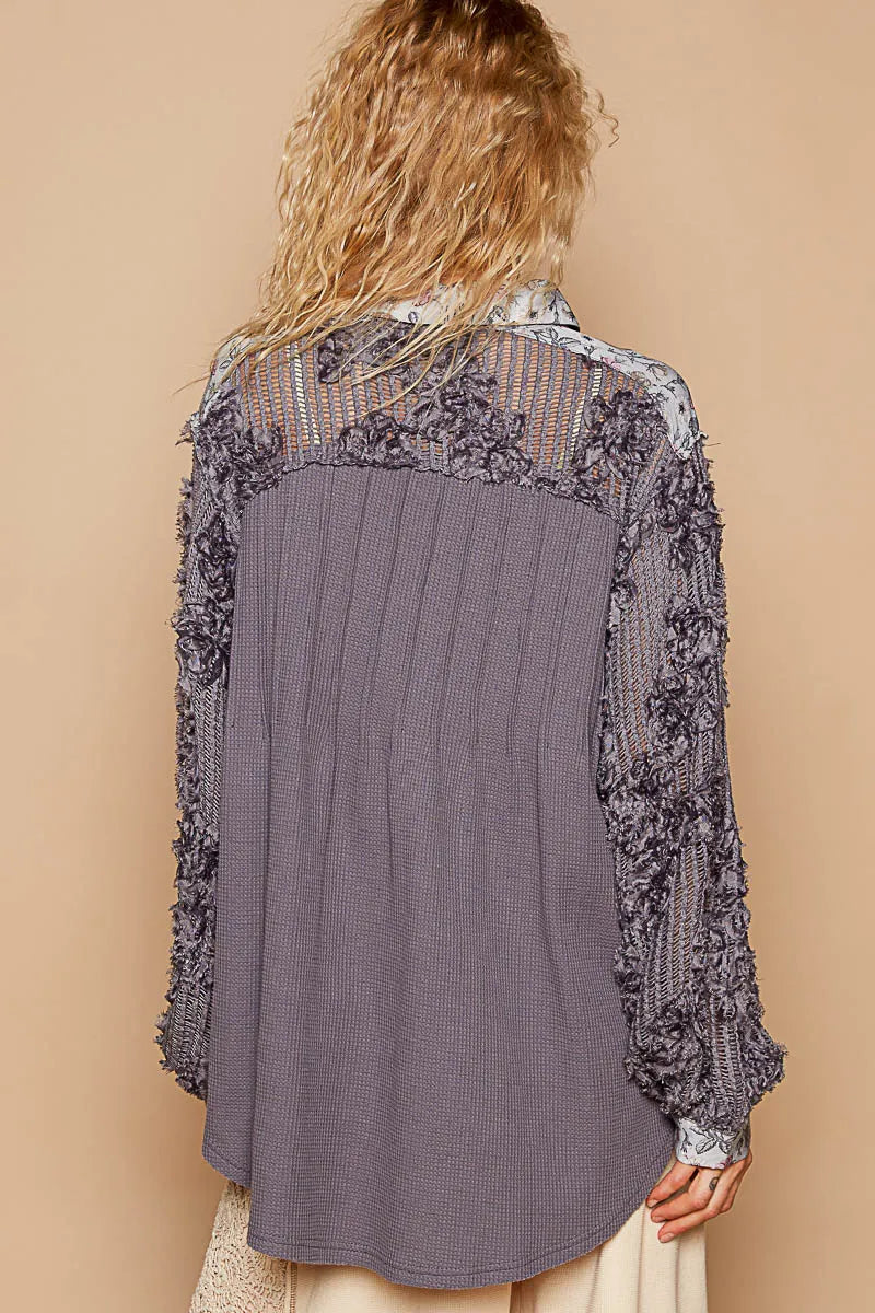 POL Floral Half Button Lace Detail Long Sleeve Top