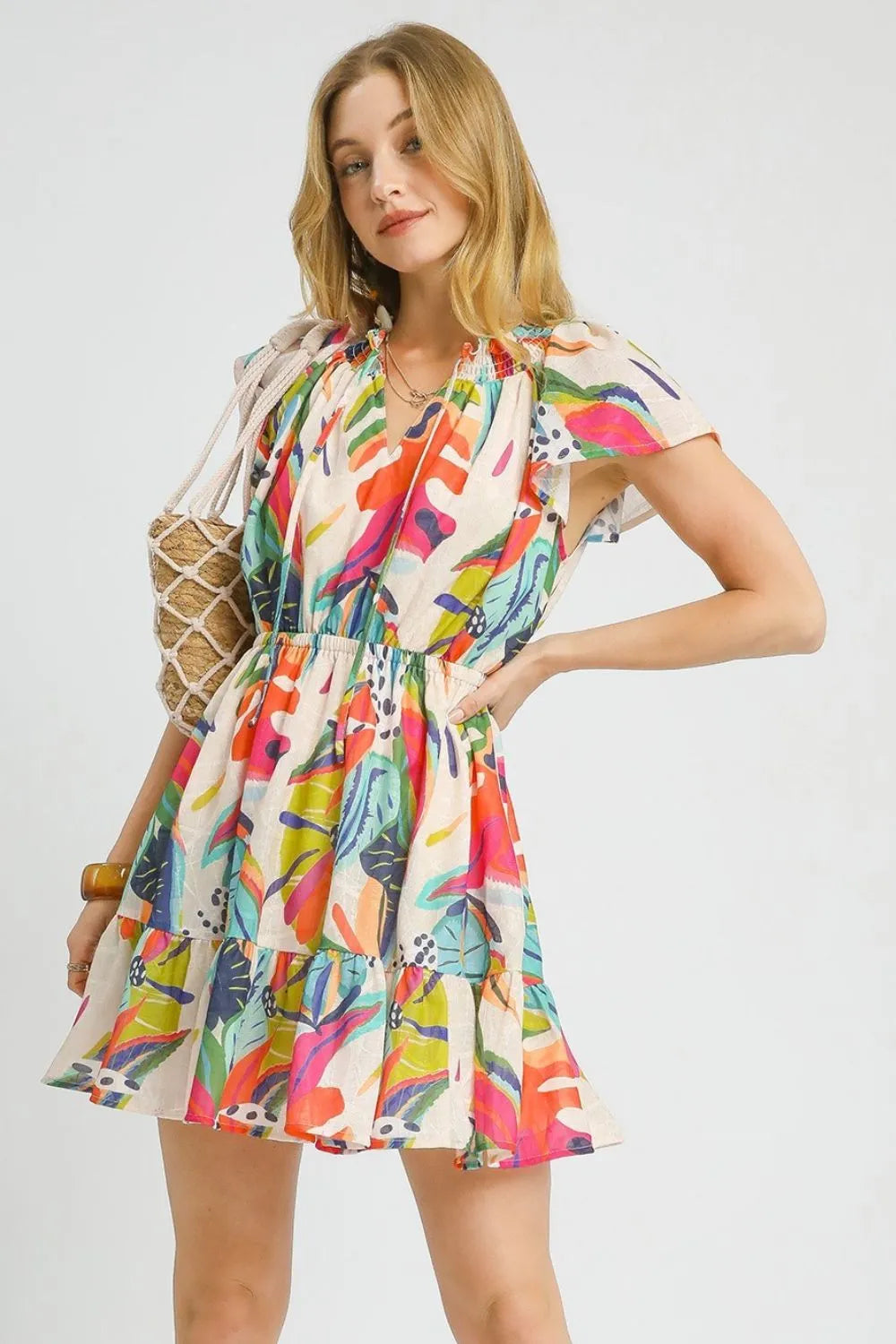 Thistle & Thread Printed Tie Neck Ruffled Hem Dress