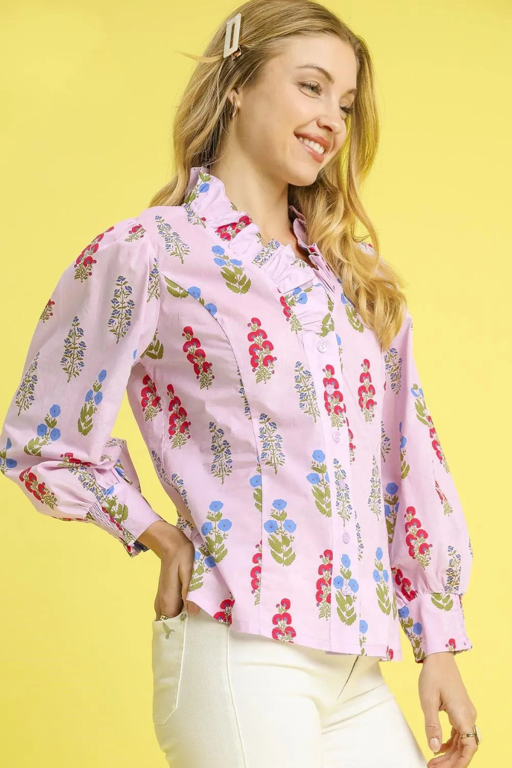 Secret Garden Floral Print Lantern Sleeve Button Down Shirt