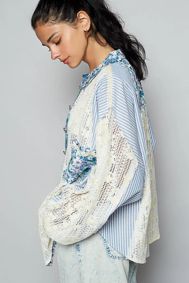POL Lace Long Sleeve Shirt with Floral and Striped Pattern
