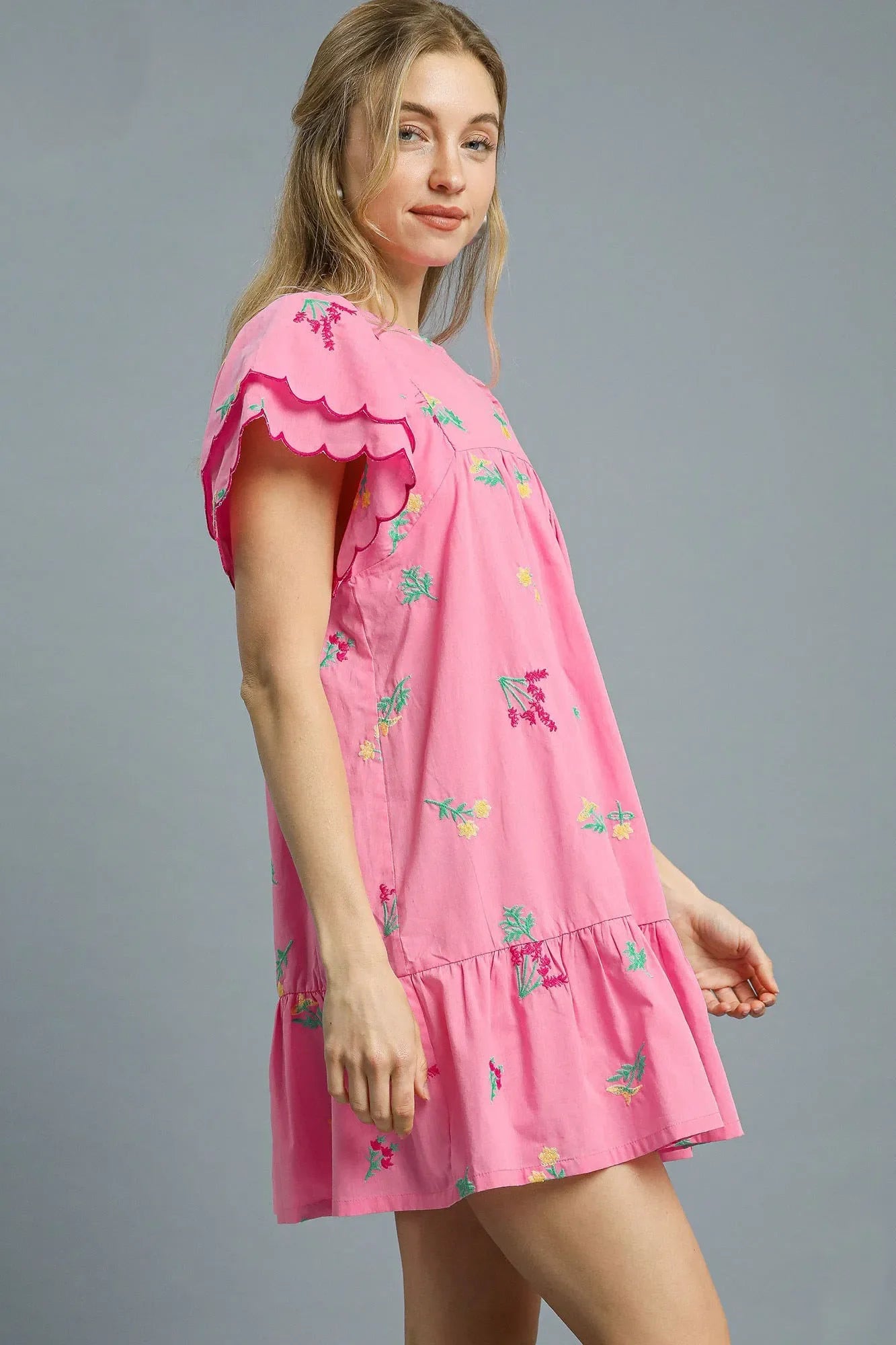 Pink Peony Mixed Floral Embroidered Cotton Mini Dress