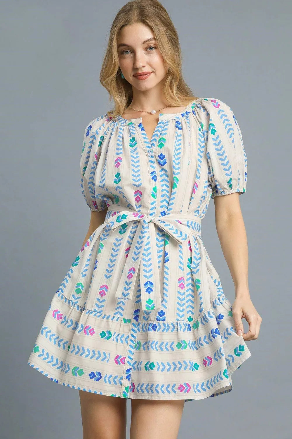 Soft Focus Umgee Printed Tie Waist Puff Short Sleeve Mini Dress