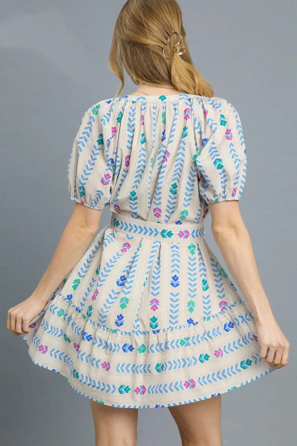 Soft Focus Umgee Printed Tie Waist Puff Short Sleeve Mini Dress