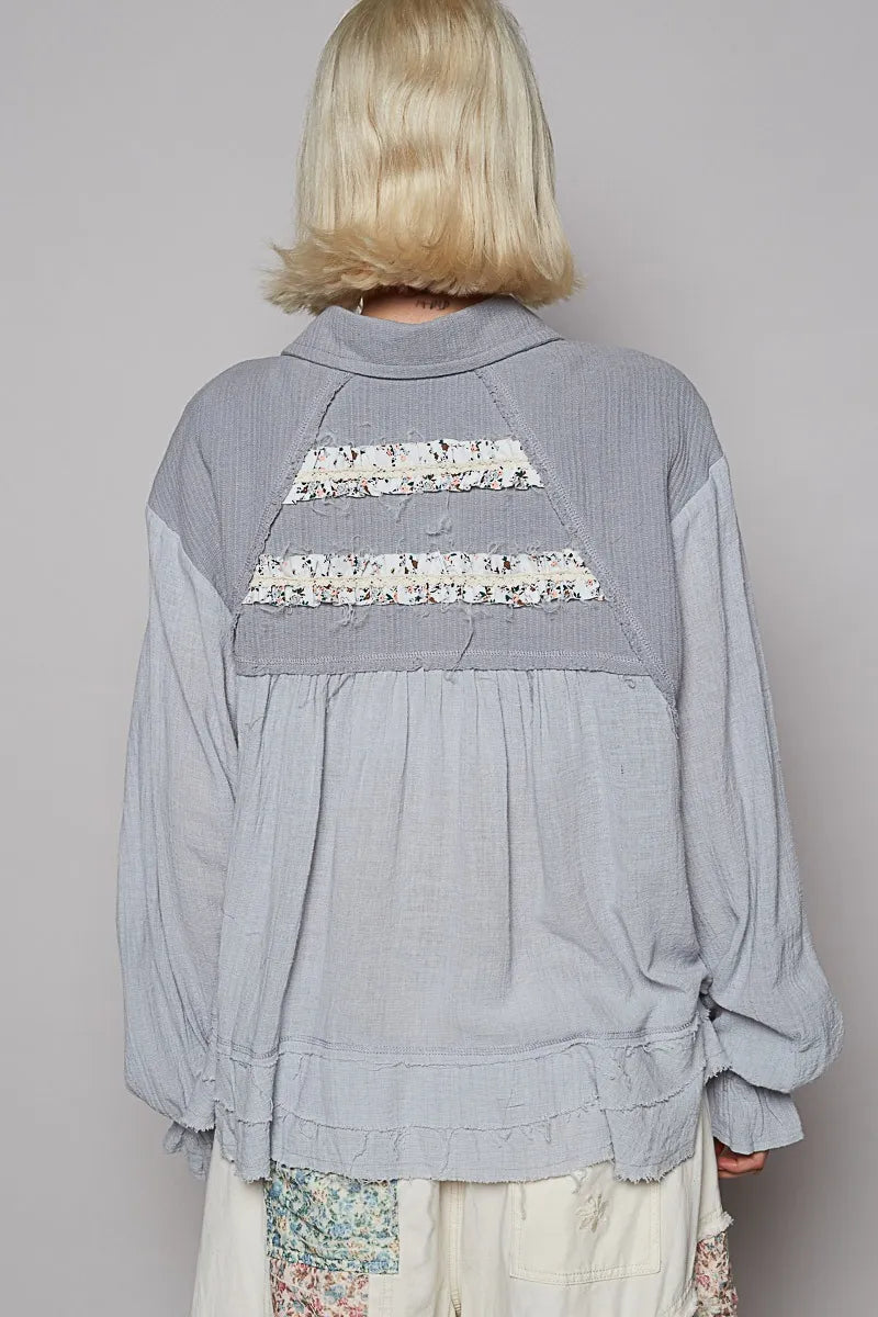 POL Button Down Cotton Floral Trim Ruffle Washed Shacket