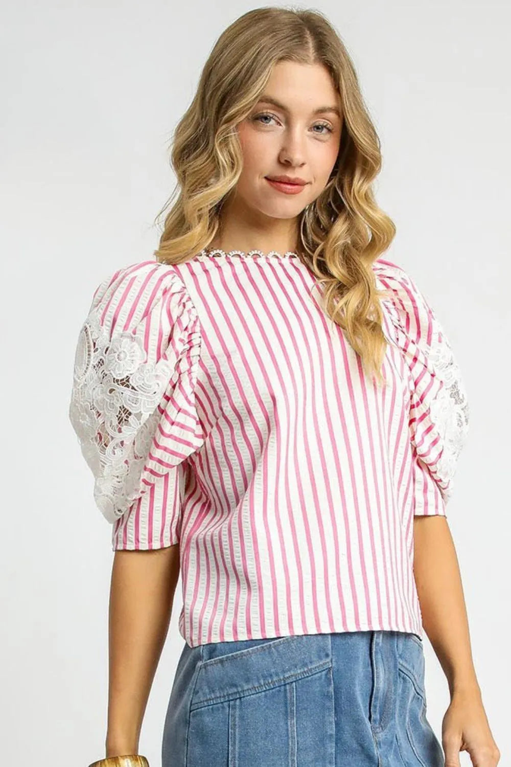 Candy Clouds Striped Lace Puff Sleeve Blouse