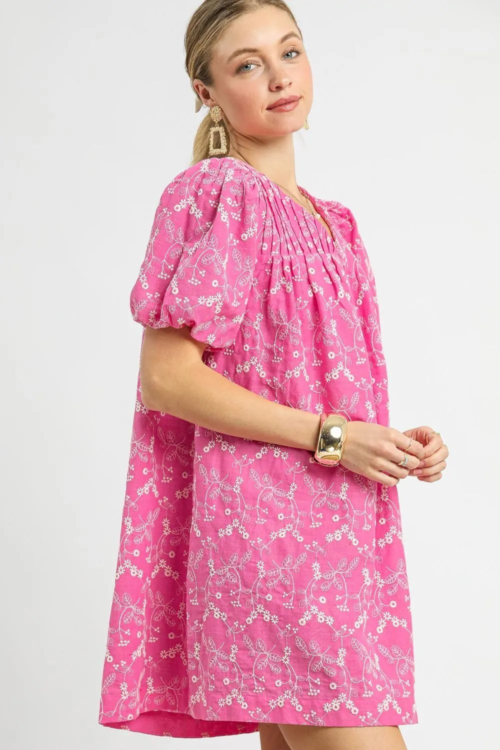 Umgee Pink Skys Floral Puff Sleeve V-Neck Embroidery Mini Dress