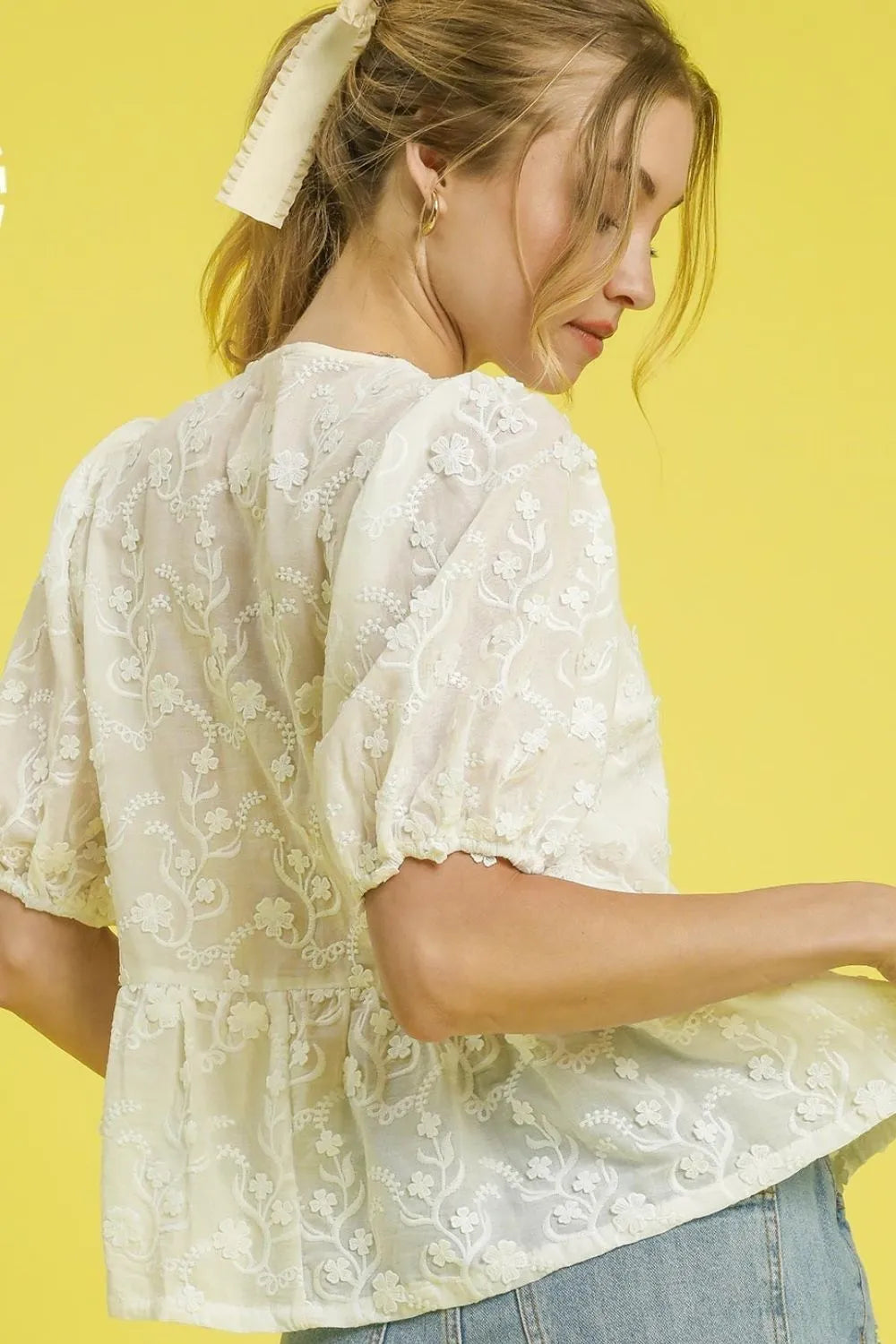 Dainty & Darling Embroidered Bow Peplum Blouse