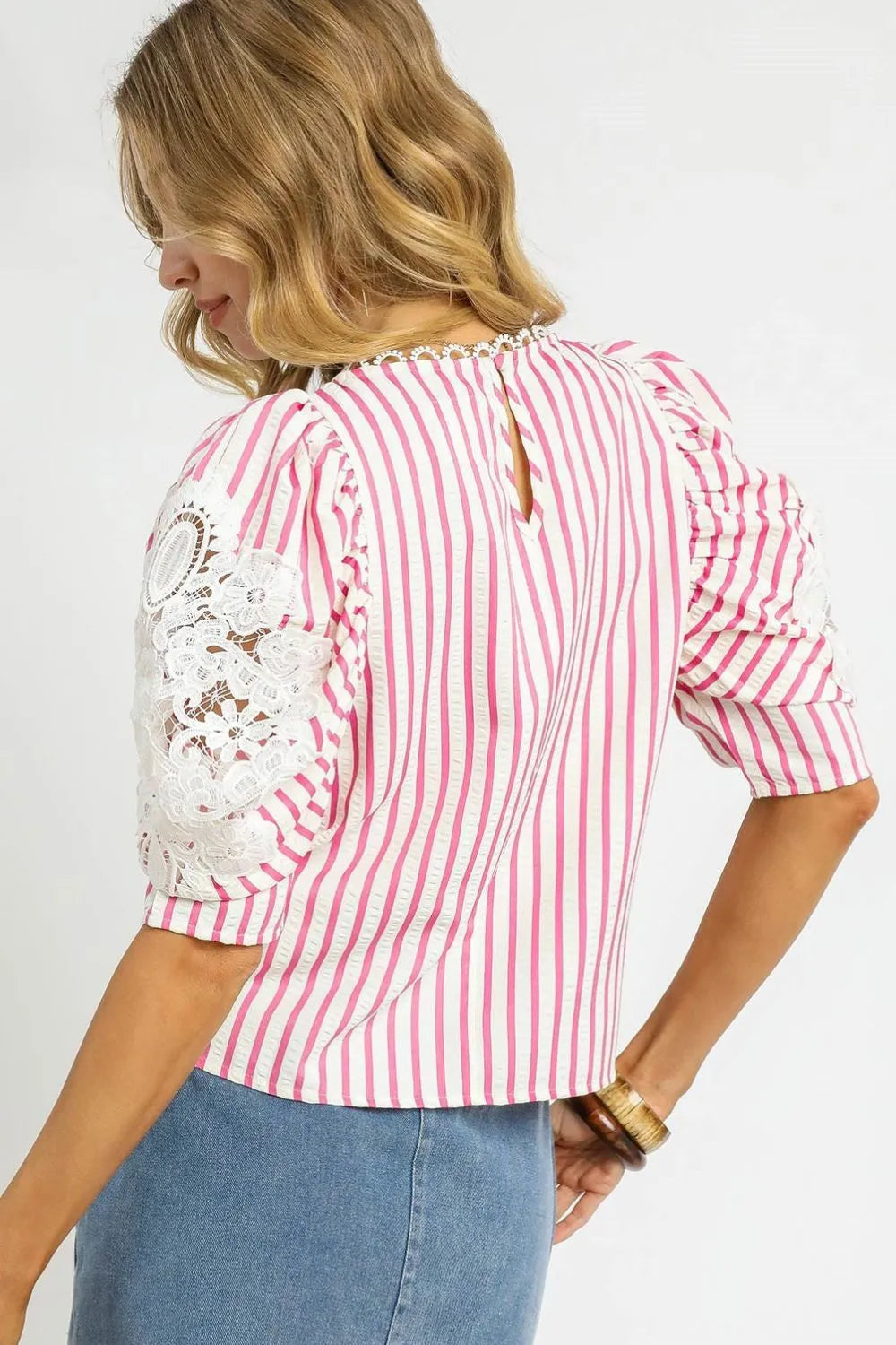 Candy Clouds Striped Lace Puff Sleeve Blouse