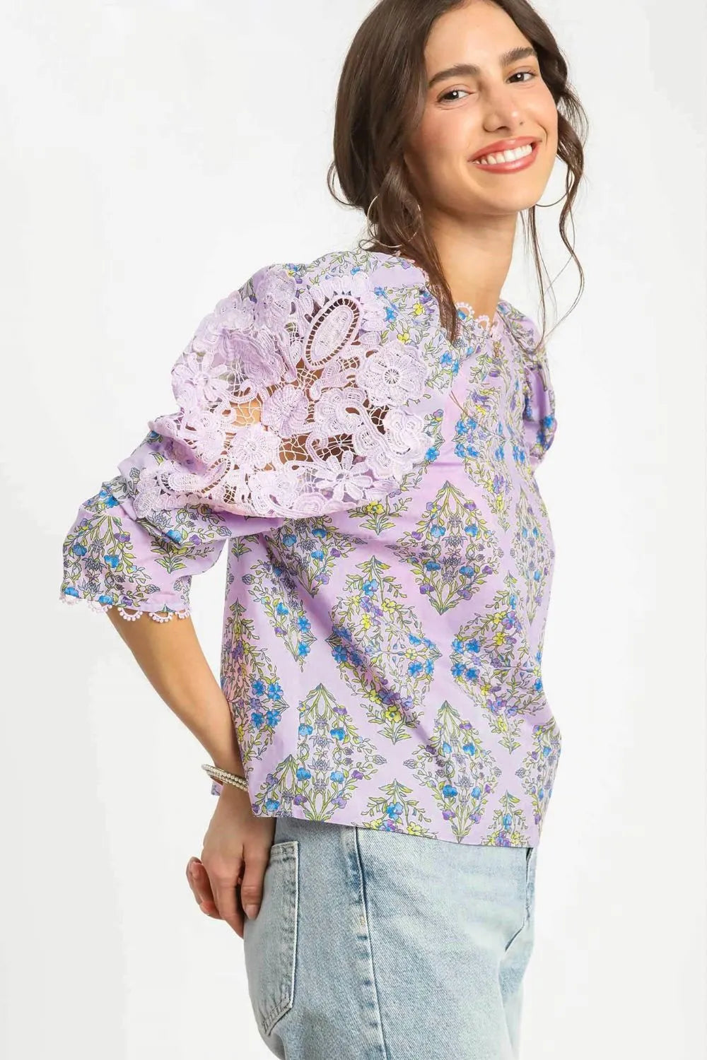Amethyst Lace Diamond Floral Puff Sleeve Blouse