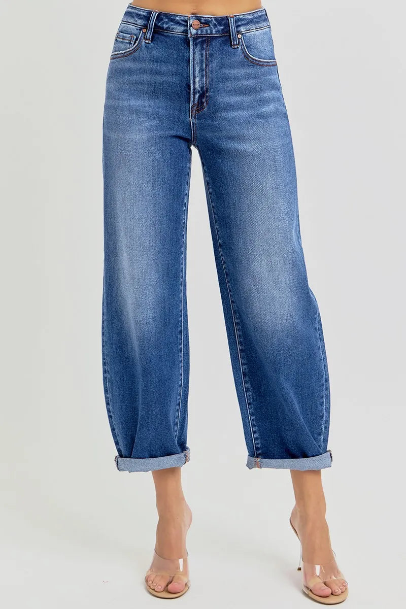 RISEN Full Size High Rise Crop Mild Barrel Jeans Plus Size