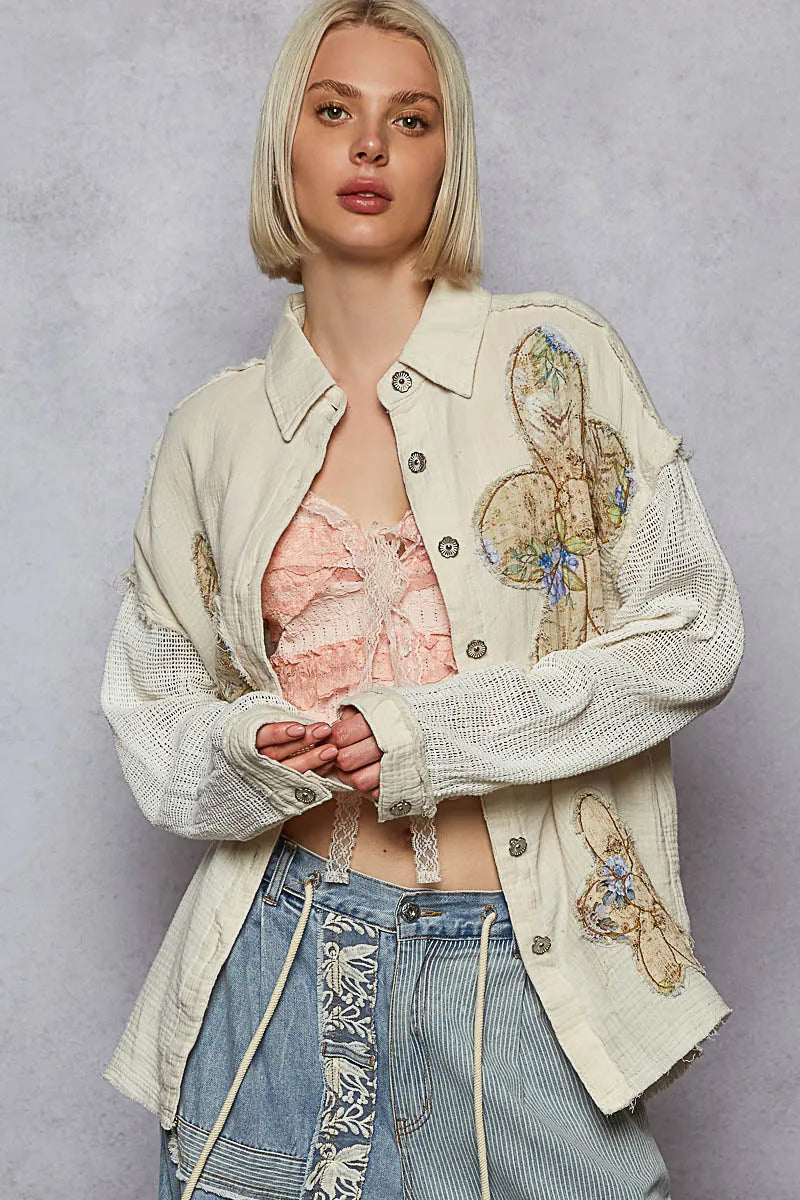 POL Button Down Exposed Seam Flower Print Patch Shirt with Crochet Long Sleeve