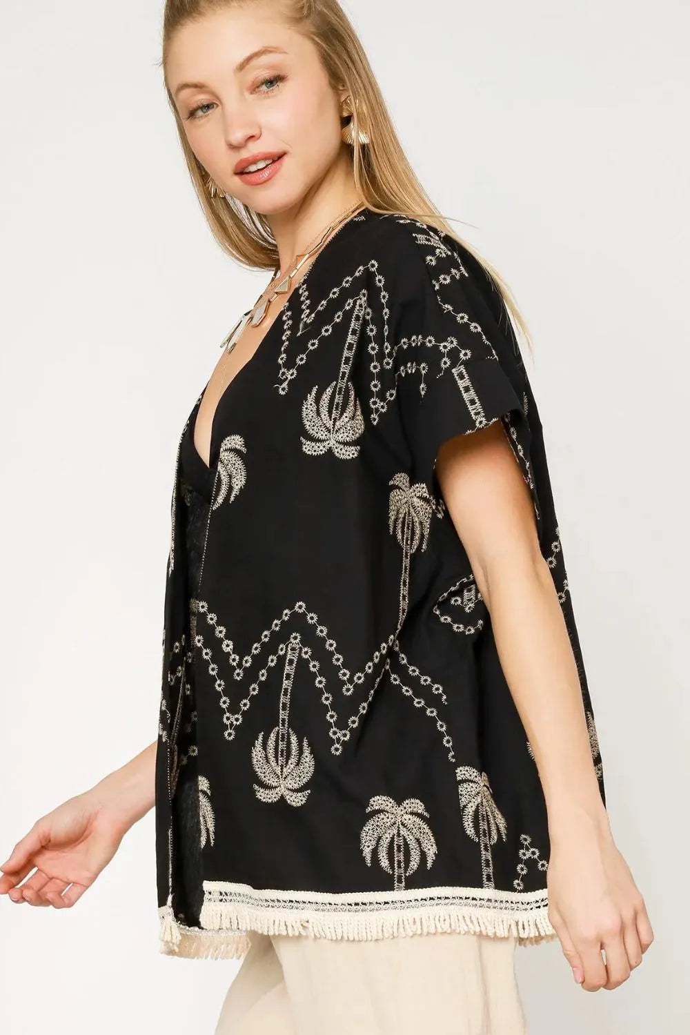Fleeting Moment Open Front Embroidered Fringe Kimono