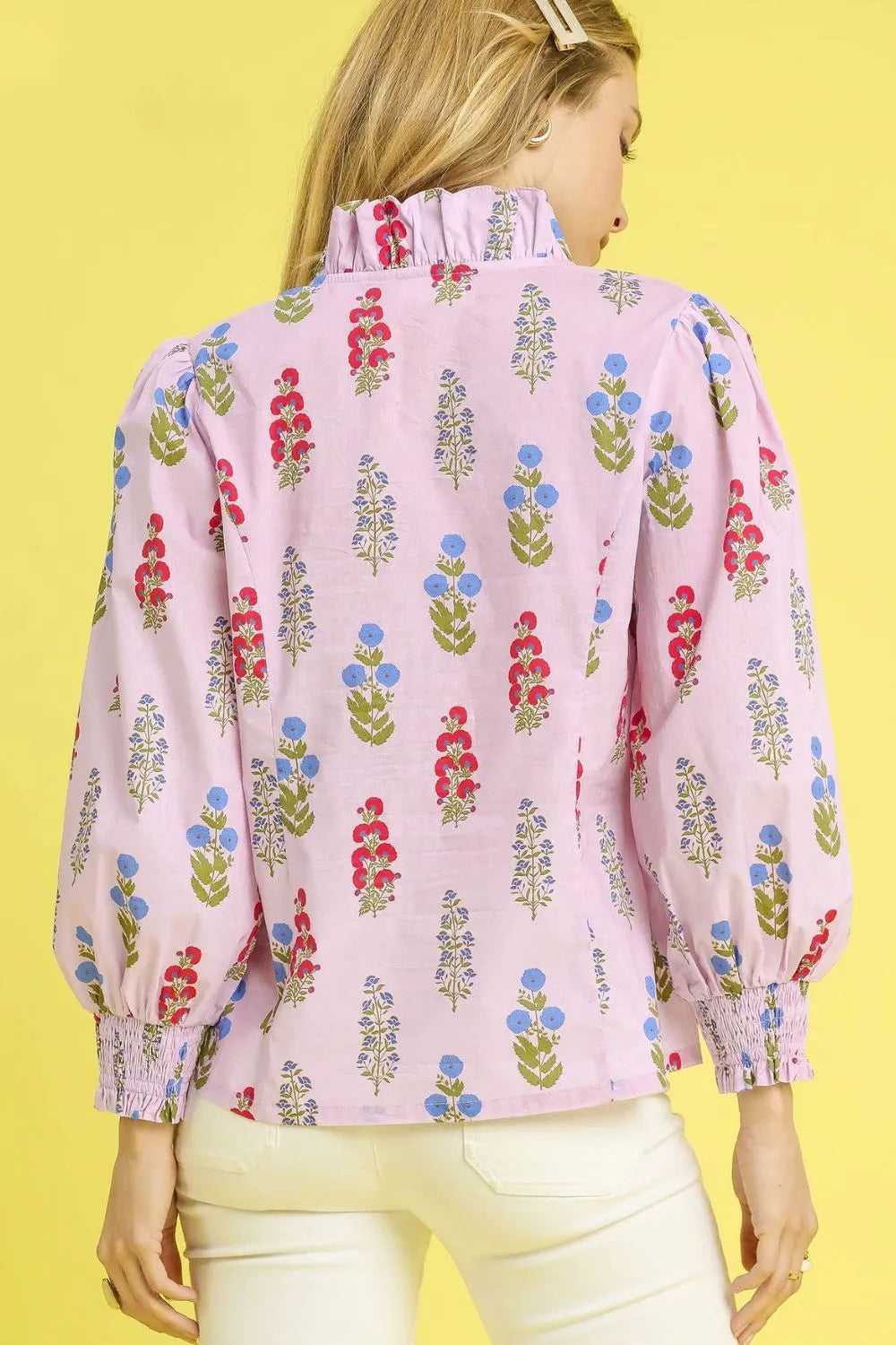 Secret Garden Floral Print Lantern Sleeve Button Down Shirt