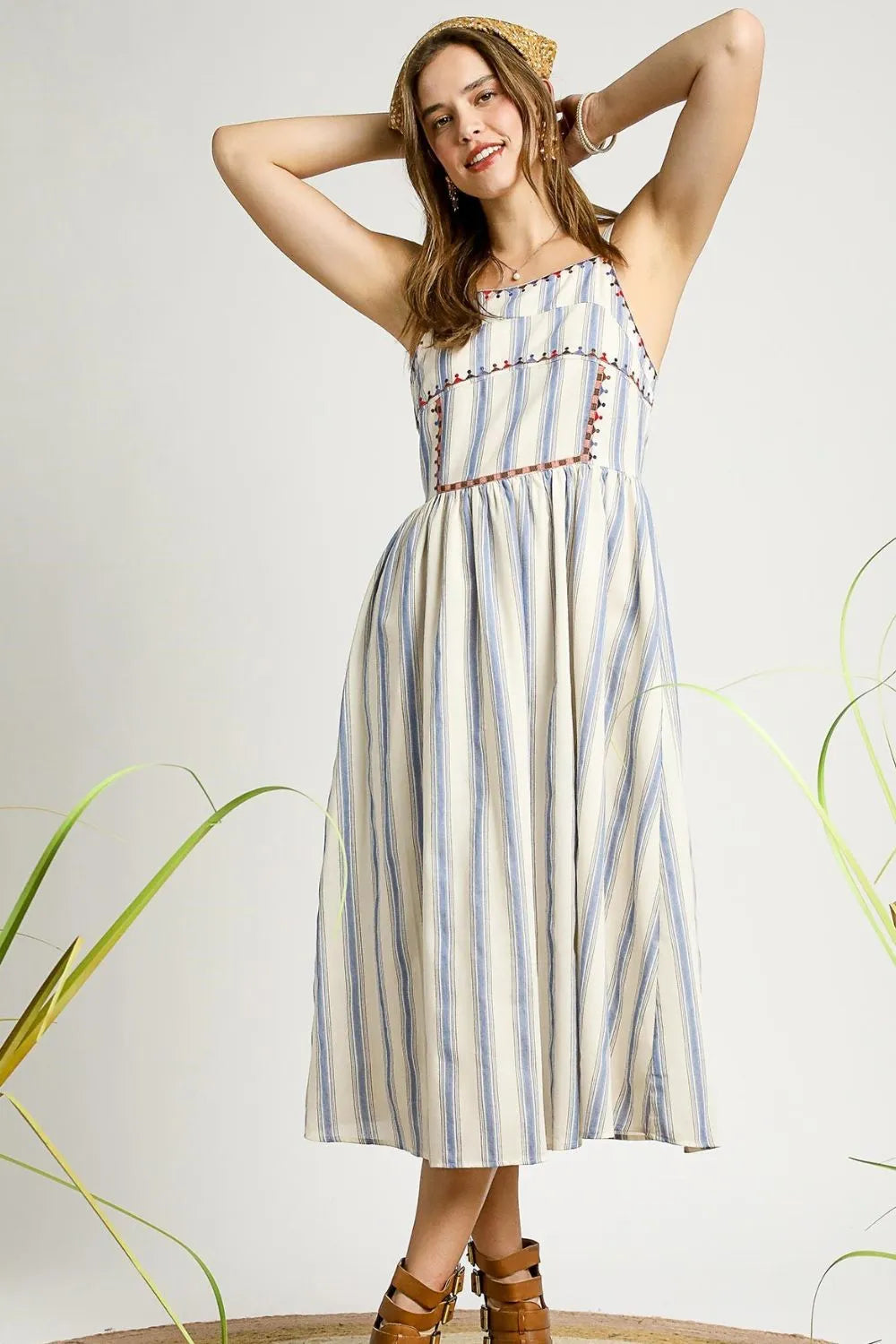 Sound Of Waves Striped Colorful Embroidered Trim Cami Dress