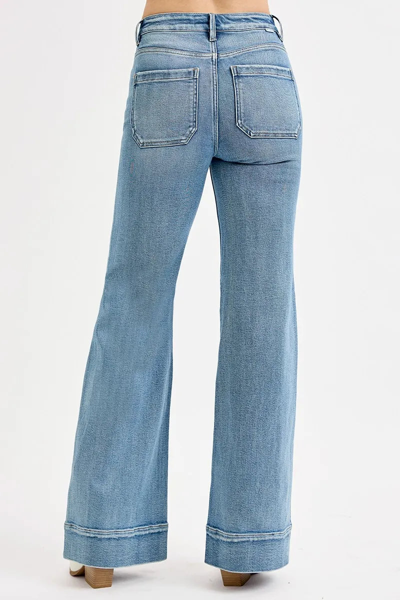 RISEN Full Size High Rise Wide Flare Patch Pocket Jeans Plus Size