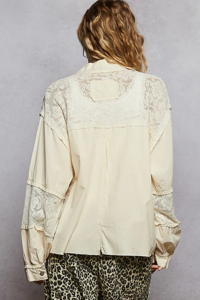 POL Printed Cotton Woven Mix Raw Hem Jacket with Lace Detail