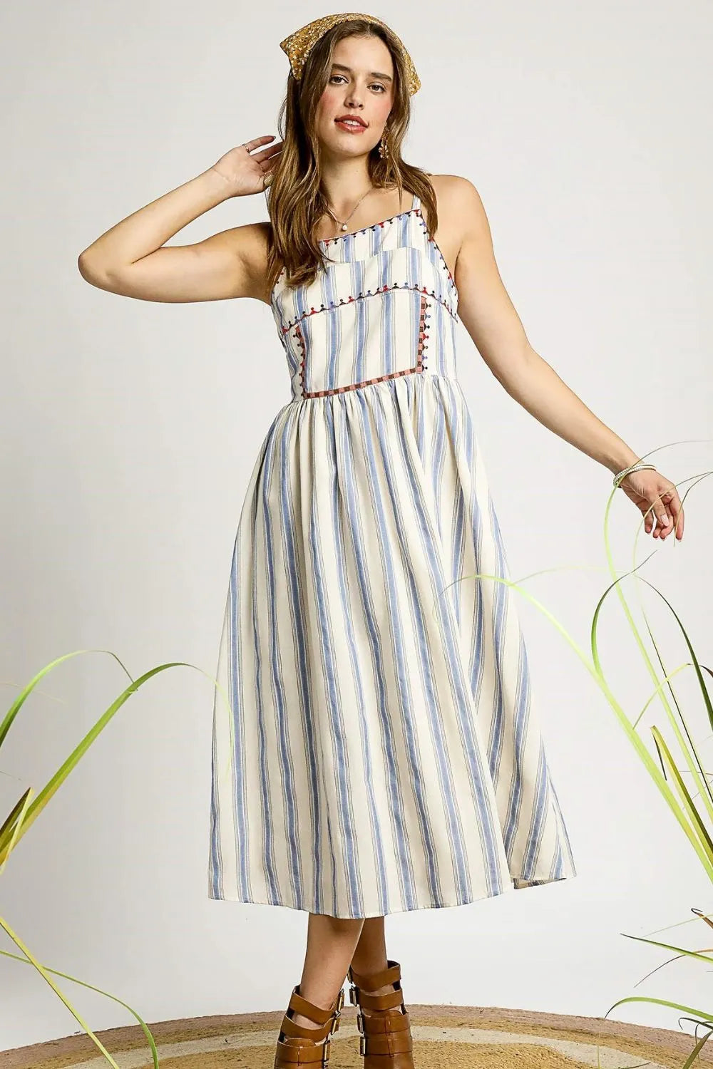 Sound Of Waves Striped Colorful Embroidered Trim Cami Dress