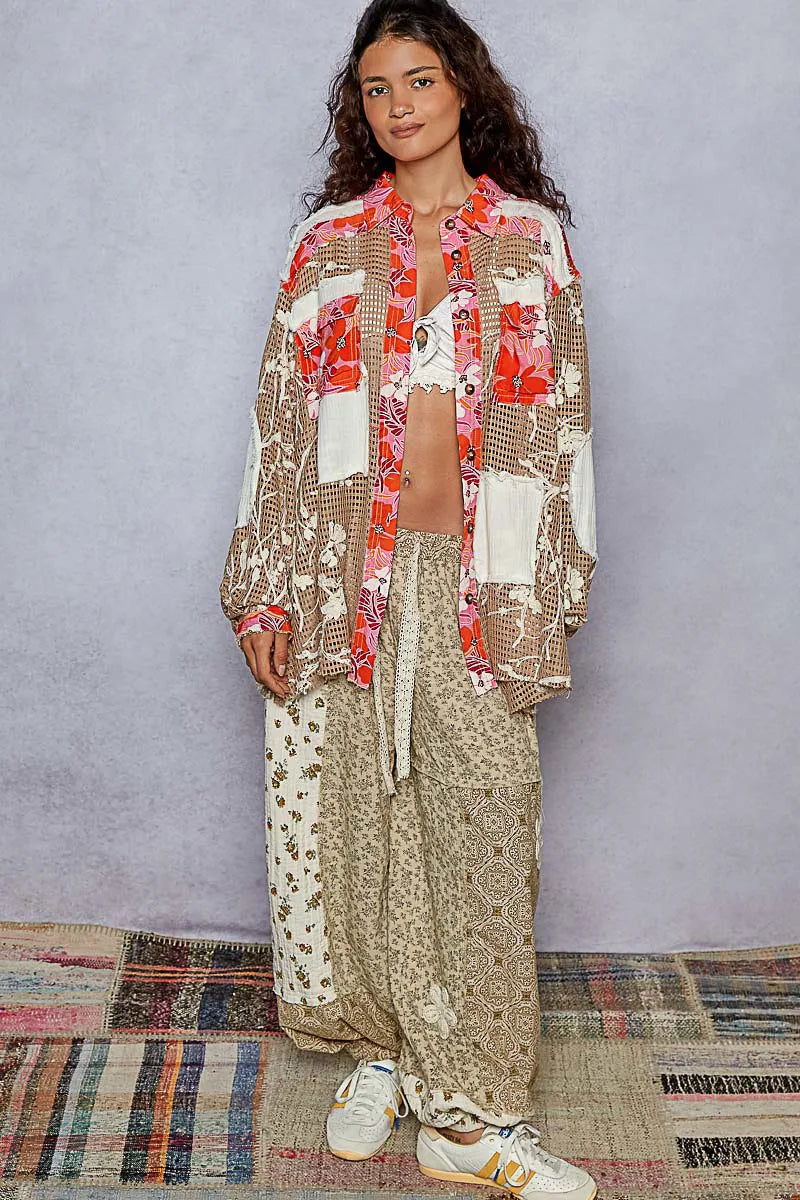 POL Floral Print Crochet Button Up Shirt