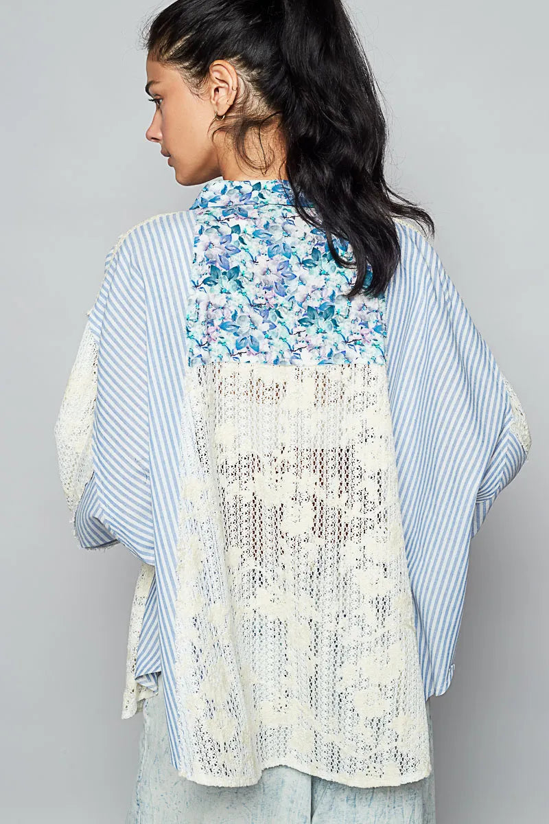 POL Lace Long Sleeve Shirt with Floral and Striped Pattern